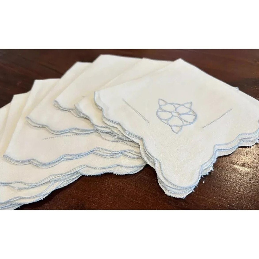 Vtg 8 blue & White Linen Napkins Scalloped Edge Cut Out Embroidered Trim 14"